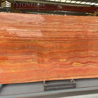 Red travertine slab