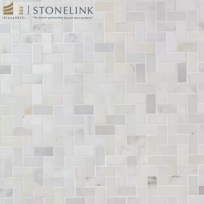 Arabescato Carrara herringbone honed marble mosaic