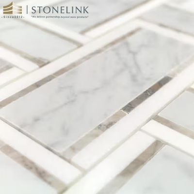 White Carrara and Thasos Gray interlocking marble mosaic